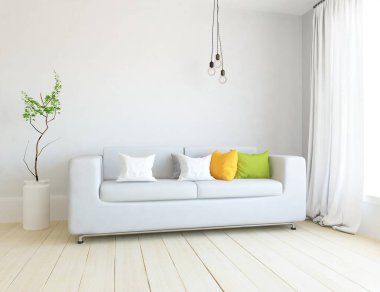 Oturma odasının içinde kanepe, ahşap zeminde güneş ışığı, büyük bir duvarda dekor. Renkli elementlerin iç mimarisi ile kuzeye dönük. 3B illüstrasyon