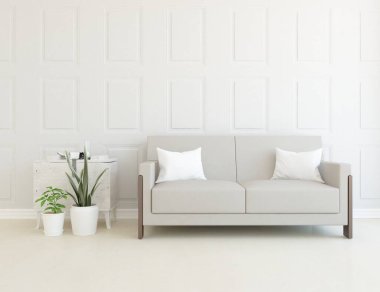 Oturma odasının içinde kanepe, ahşap zeminde güneş ışığı, büyük bir duvarda dekor. İç mekan olarak İskandinav tarzı. 3B illüstrasyon