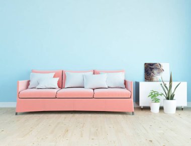 Açık mavi oturma odasının içinde kanepe, ahşap zeminde güneş ışığı, büyük bir duvarda dekor. Renkli elementlerin iç mimarisi ile kuzeye dönük. 3B illüstrasyon