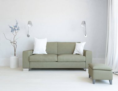 Oturma odasının içinde kanepe, ahşap zeminde güneş ışığı, büyük bir duvarda dekor. Renkli elementlerin iç mimarisi ile kuzeye dönük. 3B illüstrasyon