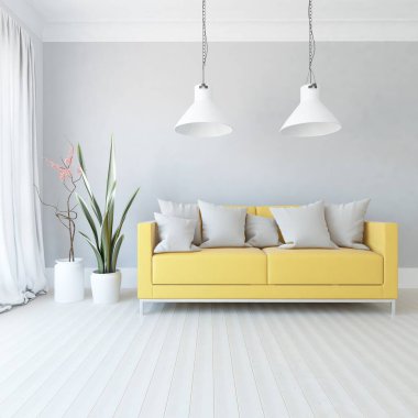 Oturma odasının içinde kanepe, ahşap zeminde güneş ışığı, büyük bir duvarda dekor. Renkli elementlerin iç mimarisi ile kuzeye dönük. 3B illüstrasyon