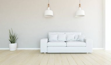 Oturma odasının içinde kanepe, ahşap zeminde güneş ışığı, büyük bir duvarda dekor. İç mekan olarak İskandinav tarzı. 3B illüstrasyon