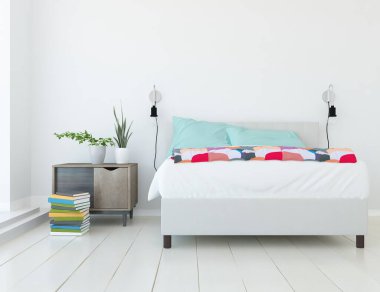 Yatak odasının içinde yatak odası, ahşap zeminde güneş ışığı, büyük bir duvarda dekor. Renkli elementlerin iç mimarisi ile kuzeye dönük. 3B illüstrasyon