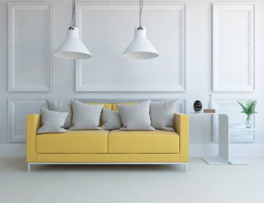 Oturma odasının içinde kanepe, ahşap zeminde güneş ışığı, büyük bir duvarda dekor. Renkli elementlerin iç mimarisi ile kuzeye dönük. 3B illüstrasyon