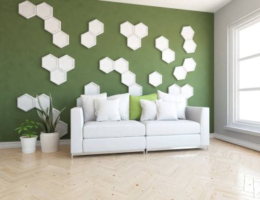 Yeşil oturma odasının içinde kanepe, ahşap zeminde güneş ışığı, büyük bir duvarda dekor. Renkli elementlerin iç mimarisi ile kuzeye dönük. 3B illüstrasyon