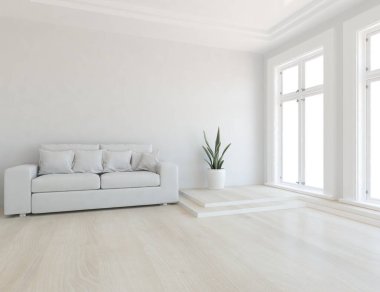 Oturma odasının içinde kanepe, ahşap zeminde güneş ışığı, büyük bir duvarda dekor. İç mekan olarak İskandinav tarzı. 3B illüstrasyon