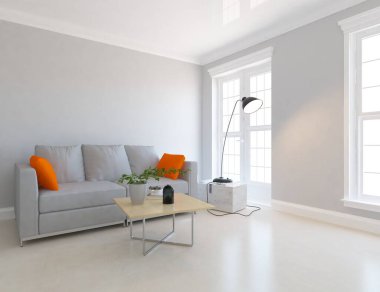 Oturma odasının içinde kanepe, ahşap zeminde güneş ışığı, büyük bir duvarda dekor. Renkli elementlerin iç mimarisi ile kuzeye dönük. 3B illüstrasyon