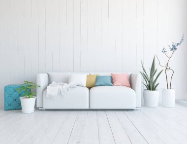 Oturma odasının içinde kanepe, ahşap zeminde güneş ışığı, büyük bir duvarda dekor. İç mekan olarak İskandinav tarzı. 3B illüstrasyon