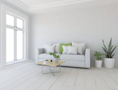 Oturma odasının içinde kanepe, ahşap zeminde güneş ışığı, büyük bir duvarda dekor. İç mekan olarak İskandinav tarzı. 3B illüstrasyon