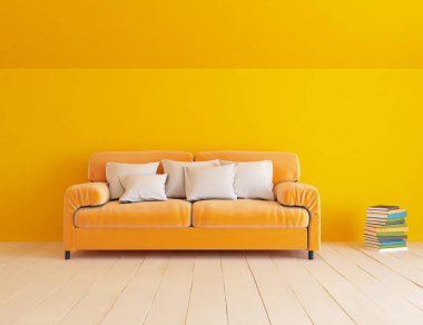 Sarı oturma odasının içinde kanepe, ahşap zeminde güneş ışığı, büyük bir duvarda dekor. Renkli elementlerin iç mimarisi ile kuzeye dönük. 3B illüstrasyon