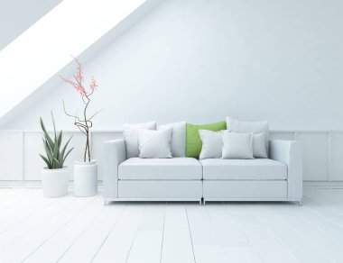 Oturma odasının içinde kanepe, ahşap zeminde güneş ışığı, büyük bir duvarda dekor. İç mekan olarak İskandinav tarzı. 3B illüstrasyon