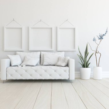 Oturma odasının içinde kanepe, ahşap zeminde güneş ışığı, büyük bir duvarda dekor. İç mekan olarak İskandinav tarzı. 3B illüstrasyon