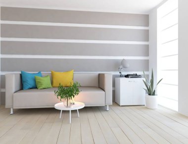 Açık gri oturma odasının içinde kanepe, ahşap zeminde güneş ışığı, büyük bir duvarda dekor. Renkli elementlerin iç mimarisi ile kuzeye dönük. 3B illüstrasyon