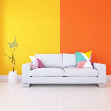 renkli bir oturma odası kanepe, ahşap bir zeminde güneş ışığı, büyük bir duvarda dekor. Renkli elementlerin iç mimarisi ile kuzeye dönük. 3B illüstrasyon