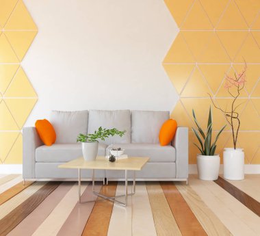 Oturma odasının içinde kanepe, ahşap zeminde güneş ışığı, büyük bir duvarda dekor. Renkli elementlerin iç mimarisi ile kuzeye dönük. 3B illüstrasyon