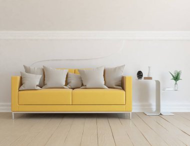 Oturma odasının içinde kanepe, ahşap zeminde güneş ışığı, büyük bir duvarda dekor. Renkli elementlerin iç mimarisi ile kuzeye dönük. 3B illüstrasyon