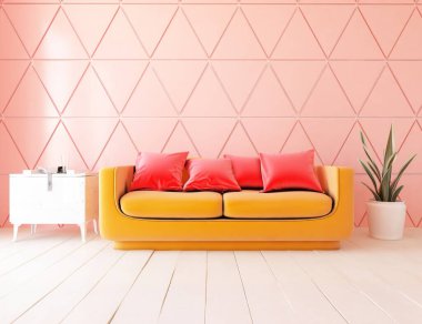 Mercan oturma odasının içinde kanepe, ahşap zeminde güneş ışığı, büyük bir duvarda dekor. Renkli elementlerin iç mimarisi ile kuzeye dönük. 3B illüstrasyon