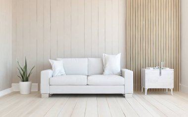 Oturma odasının içinde kanepe, ahşap zeminde güneş ışığı, büyük bir duvarda dekor. İç mekan olarak İskandinav tarzı. 3B illüstrasyon