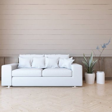 Oturma odasının içinde kanepe, ahşap zeminde güneş ışığı, büyük bir duvarda dekor. İç mekan olarak İskandinav tarzı. 3B illüstrasyon