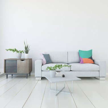 Oturma odasının içinde kanepe, ahşap zeminde güneş ışığı, büyük bir duvarda dekor. Renkli elementlerin iç mimarisi ile kuzeye dönük. 3B illüstrasyon