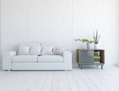 Oturma odasının içinde kanepe, ahşap zeminde güneş ışığı, büyük bir duvarda dekor. İç mekan olarak İskandinav tarzı. 3B illüstrasyon