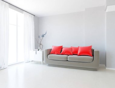 Oturma odasının içinde kanepe, ahşap zeminde güneş ışığı, büyük bir duvarda dekor. Renkli elementlerin iç mimarisi ile kuzeye dönük. 3B illüstrasyon