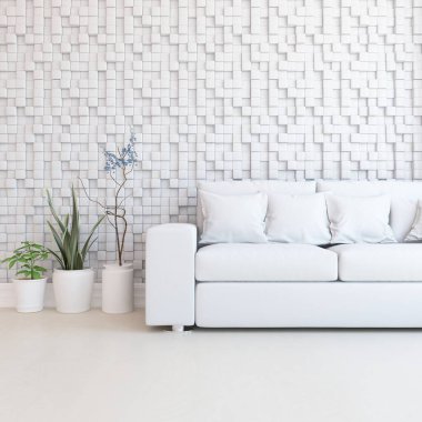 Oturma odasının içinde kanepe, ahşap zeminde güneş ışığı, büyük bir duvarda dekor. İç mekan olarak İskandinav tarzı. 3B illüstrasyon