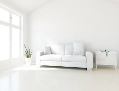 Oturma odasının içinde kanepe, ahşap zeminde güneş ışığı, büyük bir duvarda dekor. İç mekan olarak İskandinav tarzı. 3B illüstrasyon