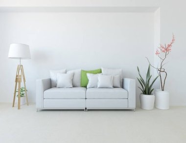 Oturma odasının içinde kanepe, ahşap zeminde güneş ışığı, büyük bir duvarda dekor. Renkli elementlerin iç mimarisi ile kuzeye dönük. 3B illüstrasyon