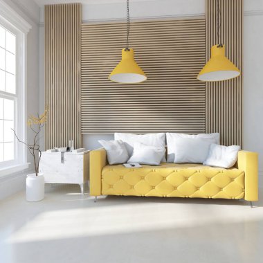 Oturma odasının içinde kanepe, ahşap zeminde güneş ışığı, büyük bir duvarda dekor. Renkli elementlerin iç mimarisi ile kuzeye dönük. 3B illüstrasyon