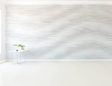 Geniş bir İskandinav aydınlatma odası fikri. Büyük bir duvarı var. Arkaplan iç mimarisi. Minimalist ev fikri iç mekan. 3B illüstrasyon