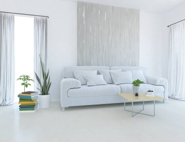 Oturma odasının içinde kanepe, ahşap zeminde güneş ışığı, büyük bir duvarda dekor. İç mekan olarak İskandinav tarzı. 3B illüstrasyon