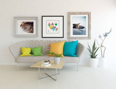 Oturma odasının içinde kanepe, ahşap zeminde güneş ışığı, büyük bir duvarda dekor. Renkli elementlerin iç mimarisi ile kuzeye dönük. 3B illüstrasyon