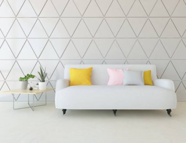 Oturma odasının içinde kanepe, ahşap zeminde güneş ışığı, büyük bir duvarda dekor. Renkli elementlerin iç mimarisi ile kuzeye dönük. 3B illüstrasyon