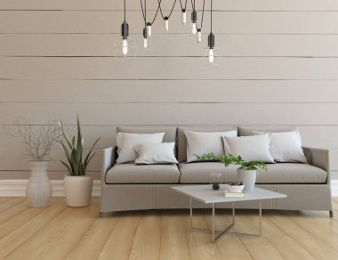 Oturma odasının içinde kanepe, ahşap zeminde güneş ışığı, büyük bir duvarda dekor. Renkli elementlerin iç mimarisi ile kuzeye dönük. 3B illüstrasyon