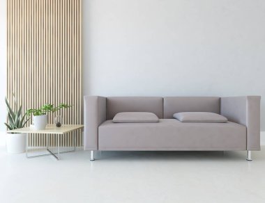 Oturma odasının içinde kanepe, ahşap zeminde güneş ışığı, büyük bir duvarda dekor. Renkli elementlerin iç mimarisi ile kuzeye dönük. 3B illüstrasyon