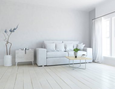 Oturma odasının içinde kanepe, ahşap zeminde güneş ışığı, büyük bir duvarda dekor. İç mekan olarak İskandinav tarzı. 3B illüstrasyon