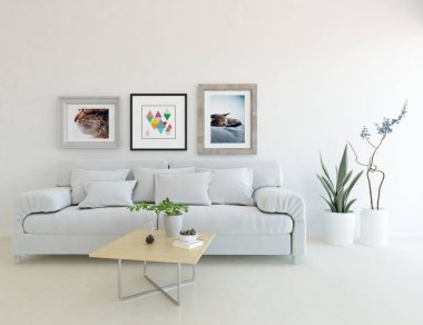 Oturma odasının içinde kanepe, ahşap zeminde güneş ışığı, büyük bir duvarda dekor. Renkli elementlerin iç mimarisi ile kuzeye dönük. 3B illüstrasyon