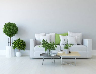 Oturma odasının içinde kanepe, ahşap zeminde güneş ışığı, büyük bir duvarda dekor. Renkli elementlerin iç mimarisi ile kuzeye dönük. 3B illüstrasyon