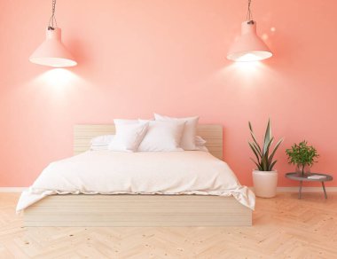 Yatak odasının içinde yatak odası, ahşap zeminde güneş ışığı, büyük bir duvarda dekor. Renkli elementlerin iç mimarisi ile kuzeye dönük. 3B illüstrasyon