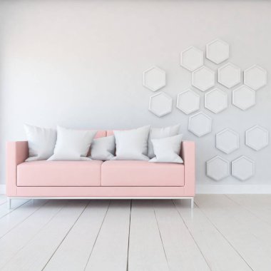 Oturma odasının içinde kanepe, ahşap zeminde güneş ışığı, büyük bir duvarda dekor. Renkli elementlerin iç mimarisi ile kuzeye dönük. 3B illüstrasyon