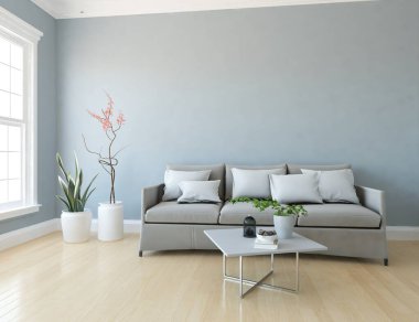 Açık gri oturma odasının içinde kanepe, ahşap zeminde güneş ışığı, büyük bir duvarda dekor. Renkli elementlerin iç mimarisi ile kuzeye dönük. 3B illüstrasyon