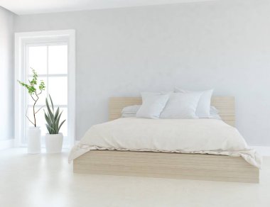 Yatak odasının içinde yatak odası, ahşap zeminde güneş ışığı, büyük bir duvarda dekor. Renkli elementlerin iç mimarisi ile kuzeye dönük. 3B illüstrasyon