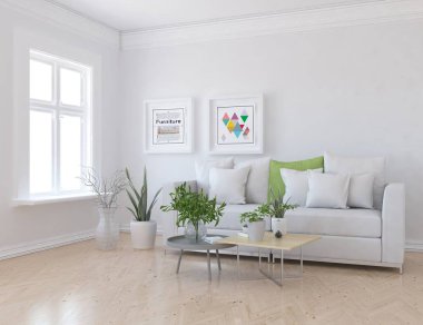 Oturma odasının içinde kanepe, ahşap zeminde güneş ışığı, büyük bir duvarda dekor. Renkli elementlerin iç mimarisi ile kuzeye dönük. 3B illüstrasyon