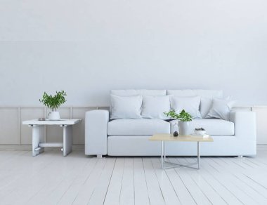 Oturma odasının içinde kanepe, ahşap zeminde güneş ışığı, büyük bir duvarda dekor. İç mekan olarak İskandinav tarzı. 3B illüstrasyon