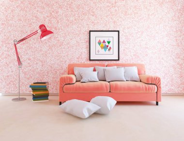 Oturma odasının içinde kanepe, ahşap zeminde güneş ışığı, büyük bir duvarda dekor. Renkli elementlerin iç mimarisi ile kuzeye dönük. 3B illüstrasyon