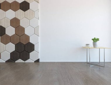 Geniş bir İskandinav aydınlatma odası fikri. Büyük bir duvarı var. Arkaplan iç mimarisi. Minimalist ev fikri iç mekan. 3B illüstrasyon