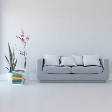 Oturma odasının içinde kanepe, ahşap zeminde güneş ışığı, büyük bir duvarda dekor. Renkli elementlerin iç mimarisi ile kuzeye dönük. 3B illüstrasyon