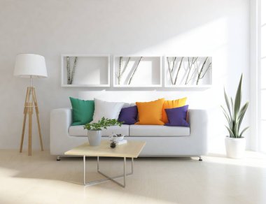 Oturma odasının içinde kanepe, ahşap zeminde güneş ışığı, büyük bir duvarda dekor. Renkli elementlerin iç mimarisi ile kuzeye dönük. 3B illüstrasyon