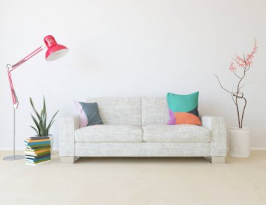 Oturma odasının içinde kanepe, ahşap zeminde güneş ışığı, büyük bir duvarda dekor. Renkli elementlerin iç mimarisi ile kuzeye dönük. 3B illüstrasyon